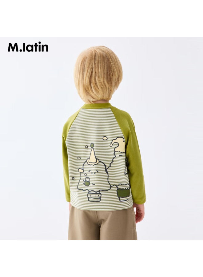 M.latin Kids Children's T-shirt 25 Winter New Boys And Girls Toddler German Velvet Striped Splice Half High Collar T-shirt - Image 1