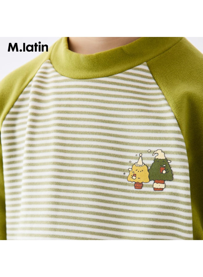 M.latin Kids Children's T-shirt 25 Winter New Boys And Girls Toddler German Velvet Striped Splice Half High Collar T-shirt - Image 2