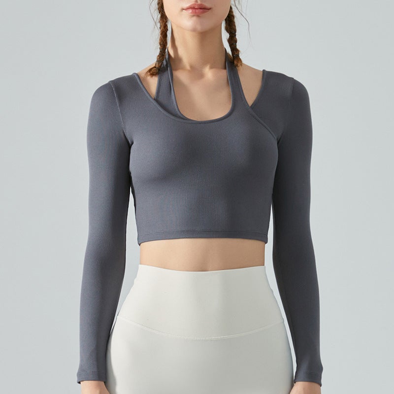 Generic Autumn Yoga Halter Top Removable Pads Long Sleeve Cold coffee Ash