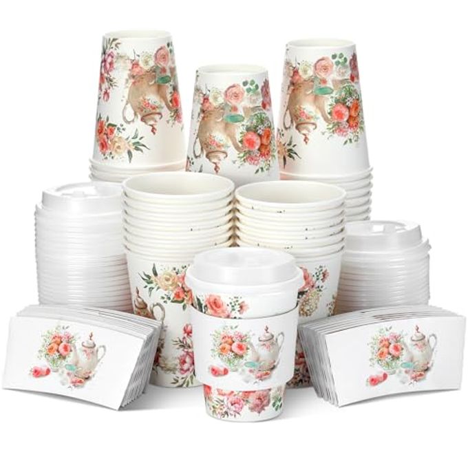 Vesici 60pcs Tea Party Decorations 14oz Disposable Coffee Cups with Lids and Sleeves Pink Floral Teapot Pattern Coffee Cups for Spring Summer Wedding Bridal Shower Garden Birthday Party Decor Supplies