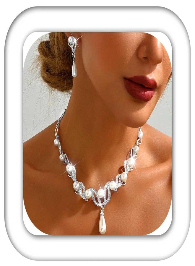 CLOACE Silver Pearl Bridal Wedding Jewelry Set Rhinestone Necklace Earrings Sets Costume Jewelry for Women and Brides (Silver) - Image 1