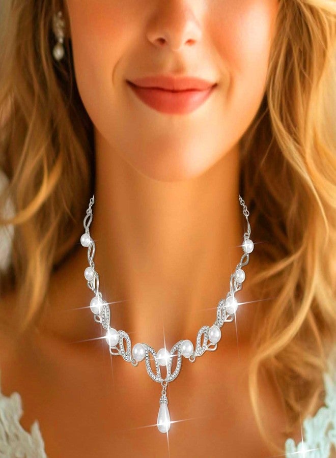 CLOACE Silver Pearl Bridal Wedding Jewelry Set Rhinestone Necklace Earrings Sets Costume Jewelry for Women and Brides (Silver) - Image 4