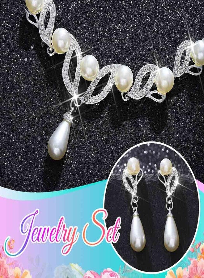 CLOACE Silver Pearl Bridal Wedding Jewelry Set Rhinestone Necklace Earrings Sets Costume Jewelry for Women and Brides (Silver) - Image 5