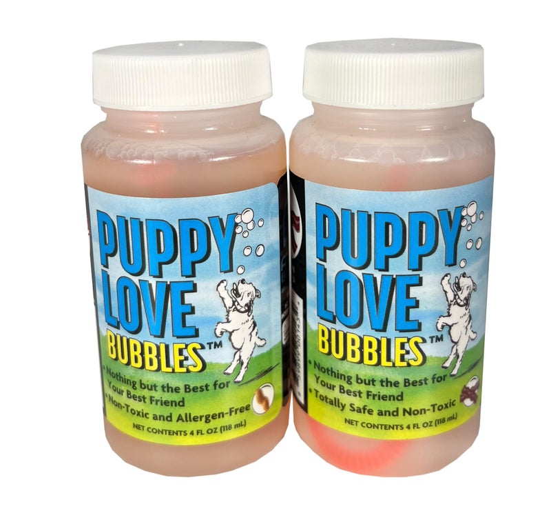 Atomic Bubbles Puppy Love Bubbles, Peanut Butter & Bacon Scented Bubbles 4oz. Bottle-2 Pack Combo (1 Peanut Butter/1 Bacon) for Dogs - Image 1