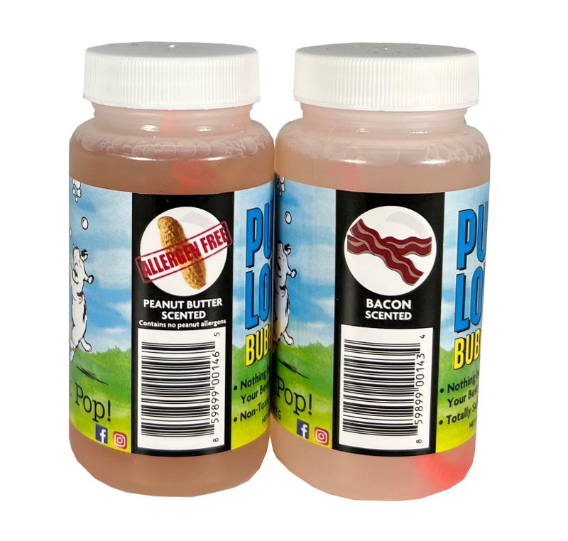 Atomic Bubbles Puppy Love Bubbles, Peanut Butter & Bacon Scented Bubbles 4oz. Bottle-2 Pack Combo (1 Peanut Butter/1 Bacon) for Dogs - Image 2