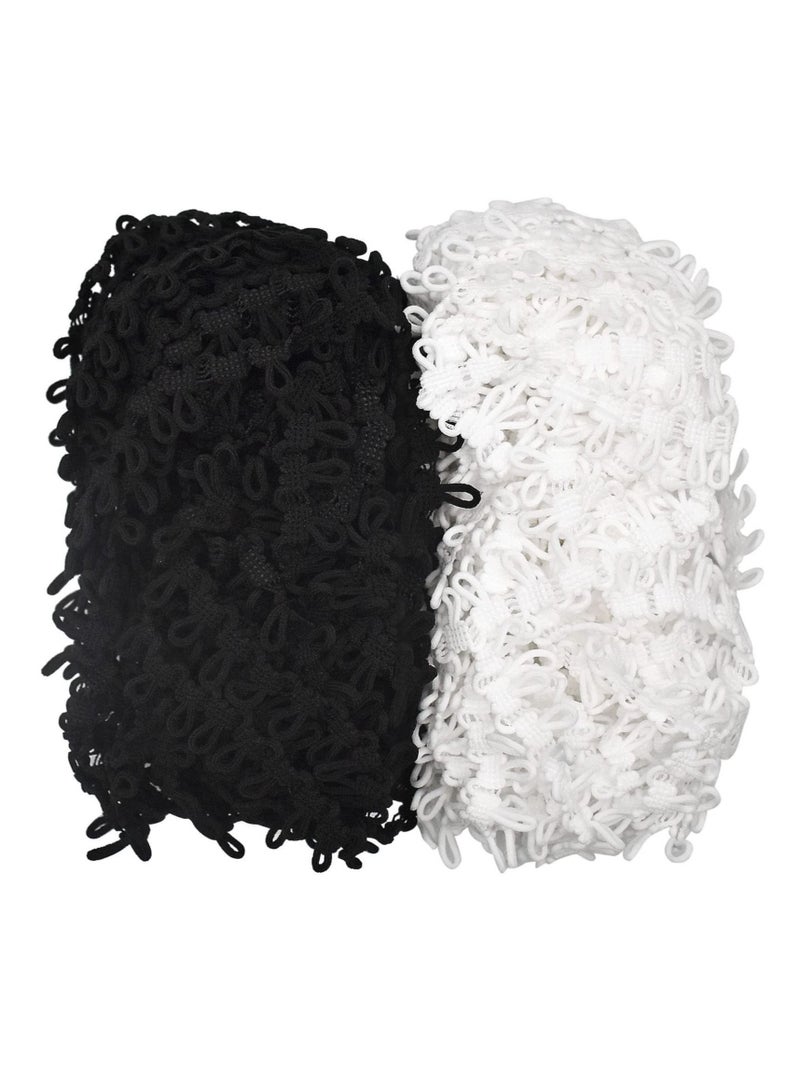 Captaintech Braid Trim with Elastic Button Loops, 40 Yards Buttonhole Elastic, Black & White with Elastic Buttonhole Trim Fringe Lace, for Crafts and Sewing - Image 1