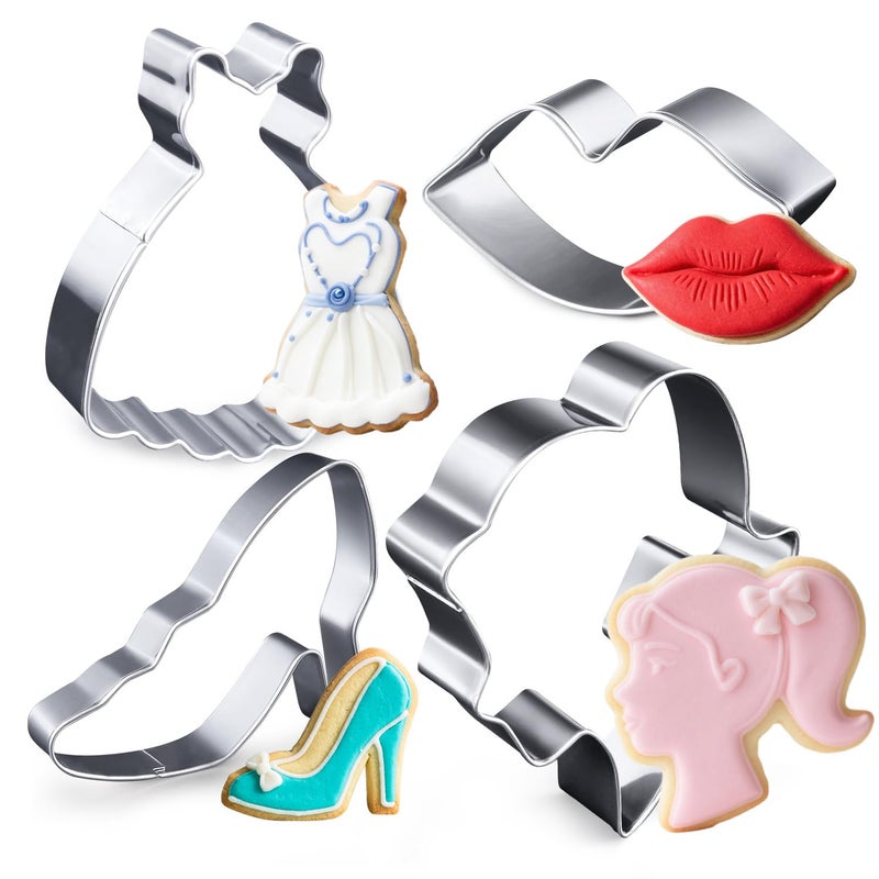 Kukifun 4Pcs Fashion Girl Cookie Cutters Princess Face Lips Skirt High Heel Shoe Biscuit Pastry Baking Molds for Hotpink Makeup Birthday Party Cake Decorations