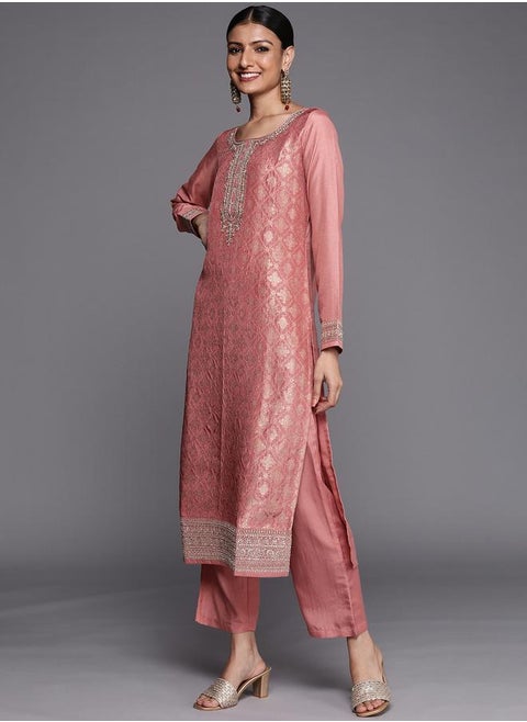 Silk Straight Kurta and Solid Trouser with Embroidered Dupatta Set by Styli