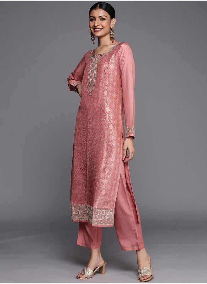 Libas Silk Straight Kurta and Solid Trouser with Embroidered Dupatta Set by Styli  - Image 1