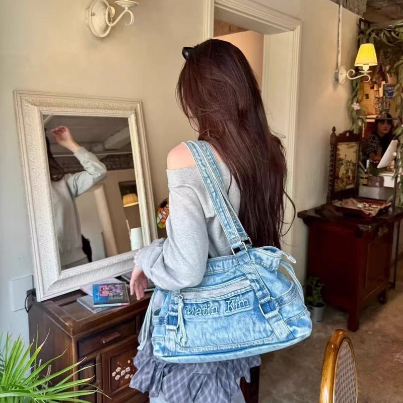 Matin Kim Washed Crescent Denim Tote Bag with Embroidered Letters - Image 5