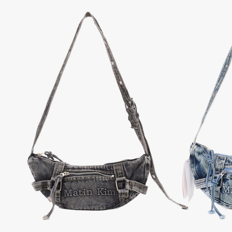 Matin Kim Washed Crescent Denim Tote Bag with Embroidered Letters - Image 4