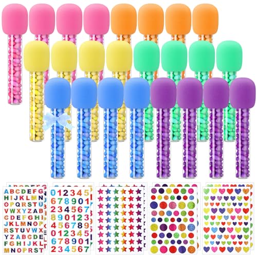 Newtay 24 Pcs Microphone Candy Tubes Kpop Themed Birthday Party Decor 10 Fake Plastic Microphone Prop Toy with Stickers for Karaoke Disco Singer Stage Favors Candy Not Included Colorful - Image 1
