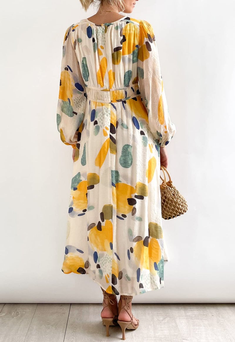 Maxigerui Women's Long Sleeve Floral Maxi Dress 2026 Spring Summer Wedding Guest Dress Yellow Watercolor S - Image 4