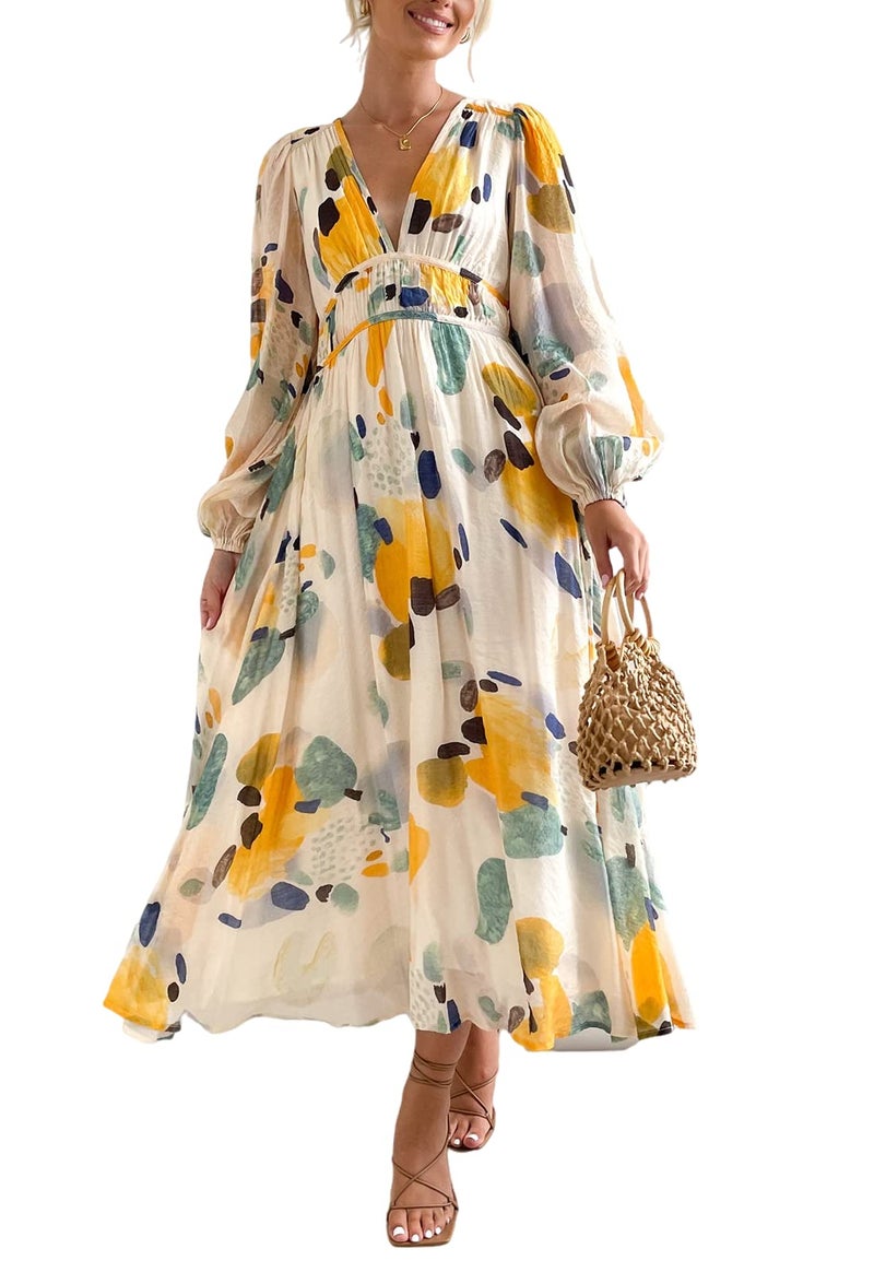 Maxigerui Women's Long Sleeve Floral Maxi Dress 2026 Spring Summer Wedding Guest Dress Yellow Watercolor S - Image 1