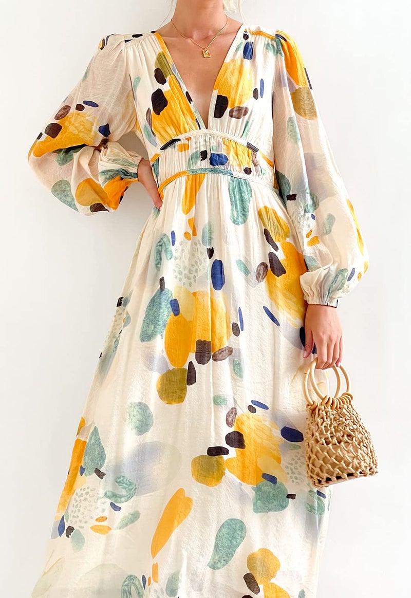 Maxigerui Women's Long Sleeve Floral Maxi Dress 2026 Spring Summer Wedding Guest Dress Yellow Watercolor S - Image 2