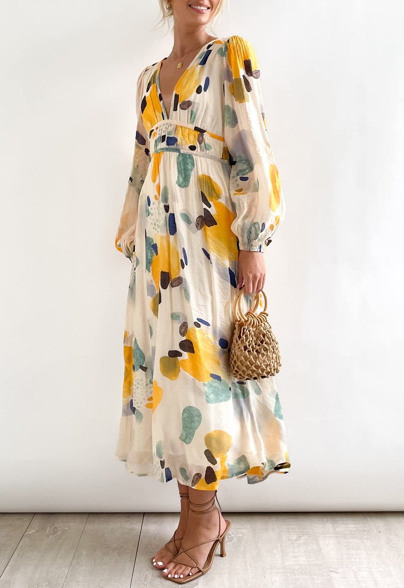 Maxigerui Women's Long Sleeve Floral Maxi Dress 2026 Spring Summer Wedding Guest Dress Yellow Watercolor S - Image 3