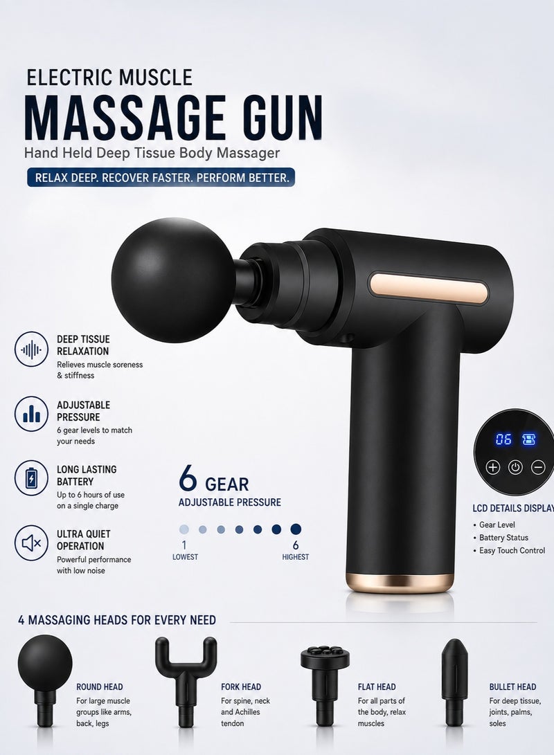JIHAM Electric Muscle Massage Gun Handheld Deep Tissue Body Massager with 4 Heads 6 Speed Adjustable Pressure LCD Display Portable (Assorted Color) - Image 1