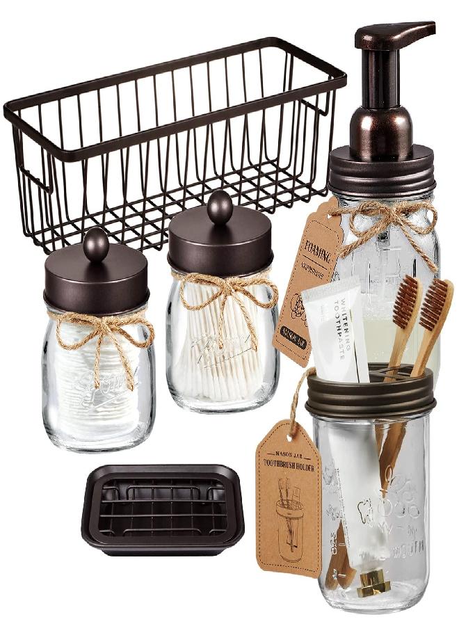 SheeChung 6Pack Mason Jar Bathroom Accessories Set - Foaming Soap Dispenser, Toothbrush Holder, 2Pack Qtip Holders, Bathroom Sink Set, Guest Towel Holder- Bronze - Image 1