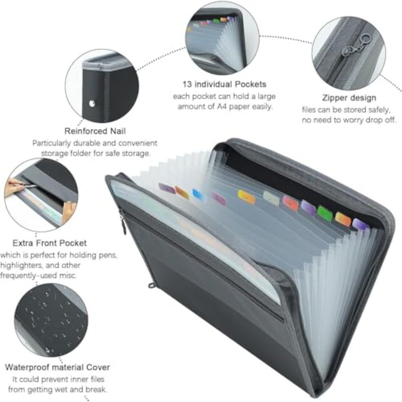 Accordion File Folder with 13 Pockets and Double Zippers Black 12-Layer Expanding Document Organizer for Students, Teachers, A4 Paper, School and Office Use - Image 3