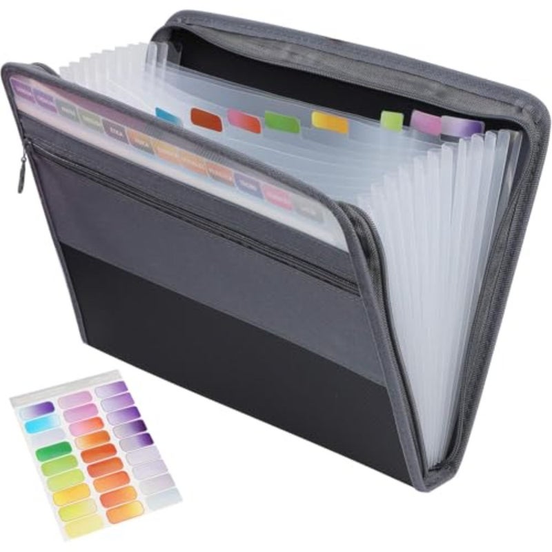 Accordion File Folder with 13 Pockets and Double Zippers Black 12-Layer Expanding Document Organizer for Students, Teachers, A4 Paper, School and Office Use - Image 1