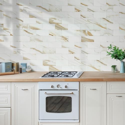 AULIGET 3" x 6" Subway Tile Peel and Stick Backsplash, Thick PVC Stick on Wall Tiles (4, Calacatta Gold) - Image 5