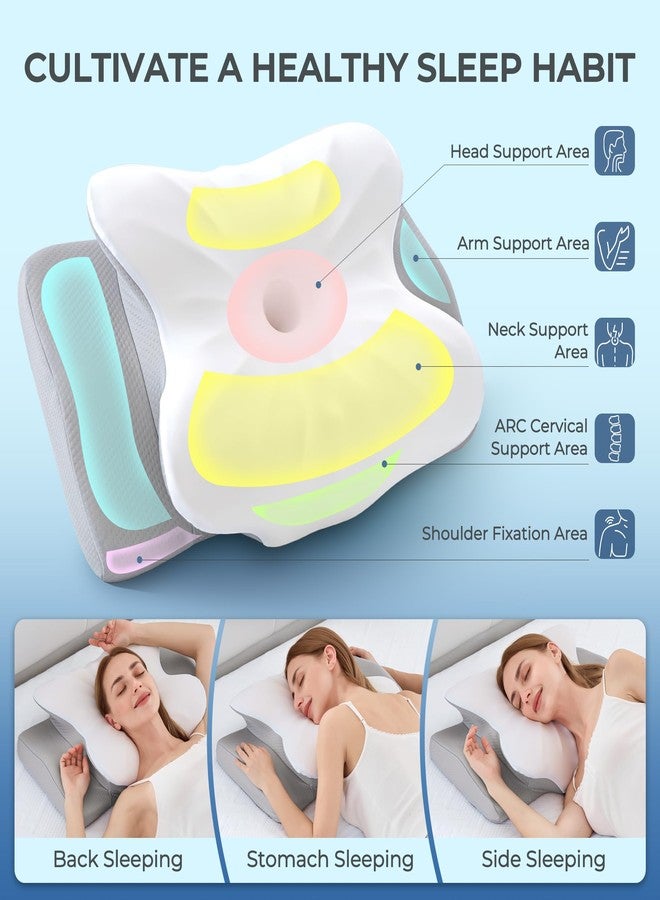 BDEUS Cervical Pillow for Side Sleepers, Neck Pillow for Sleeping, Memory Foam Ergonomic Pillow for Neck Pain Relief, Butterfly Contour with Arm Grooves, Dual Height Cooling Washable Cover, White - Image 4