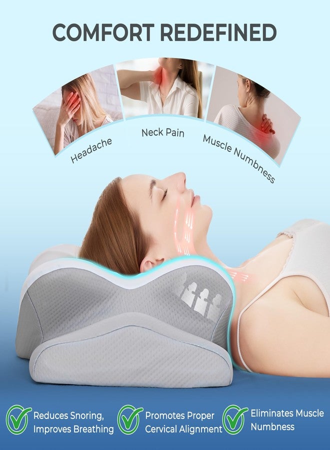 BDEUS Cervical Pillow for Side Sleepers, Neck Pillow for Sleeping, Memory Foam Ergonomic Pillow for Neck Pain Relief, Butterfly Contour with Arm Grooves, Dual Height Cooling Washable Cover, White - Image 2