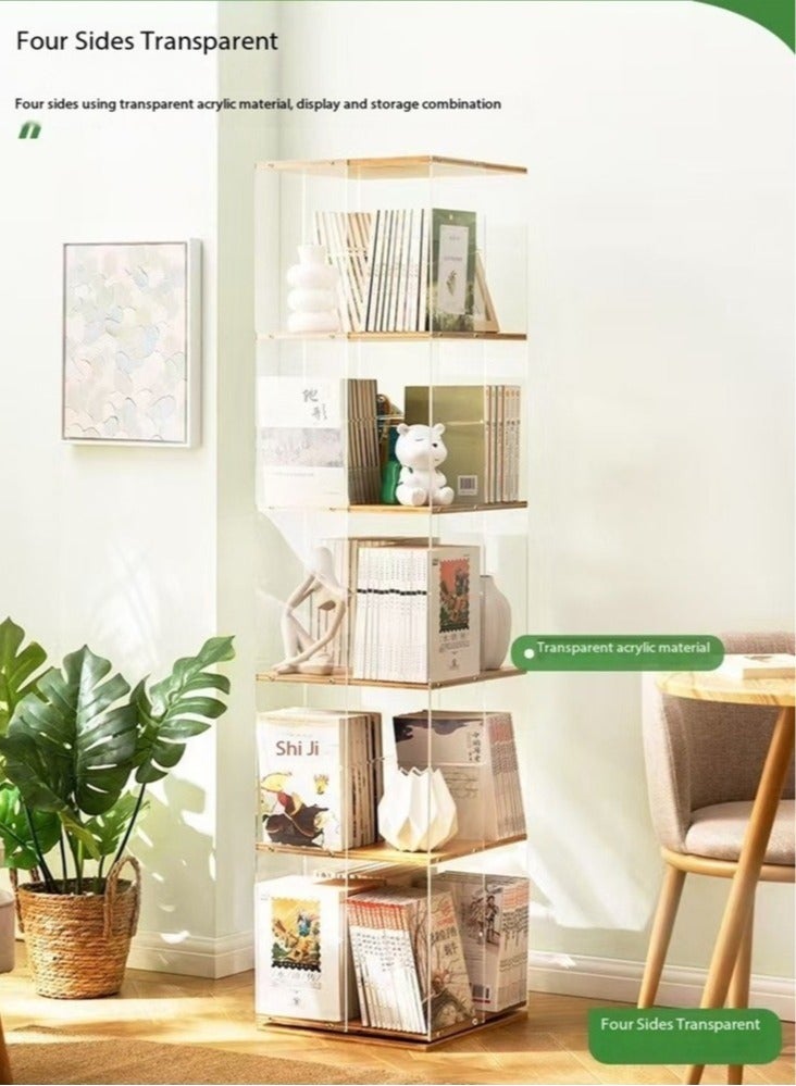 رافين 6 طبقات متعددة الوظائف 360 درجة قابلة للتدوير الطابق الدائمة خزانة الكتب المنقولة شفافة الاكريليك رف تخزين الخشب الصلب مع عجلات عرض موقف لغرفة المعيشة غرفة الدراسة غرفة الدراسة مكتب منزلي 40x40x165 سم - Image 4