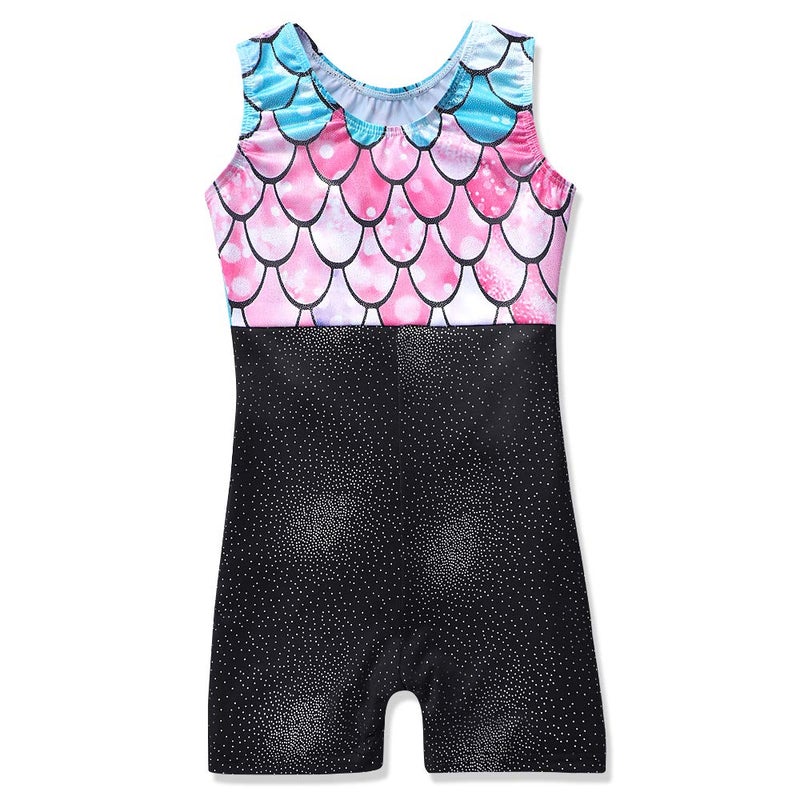 Belovance Girls Gymnastics Leotards Kids Biketards With Shorts 4t 5t Sparkle Mermaid Sleeveless Hotpink Dance Unitards (Mermaid Pink, 110(4-5 years old)) - Image 2