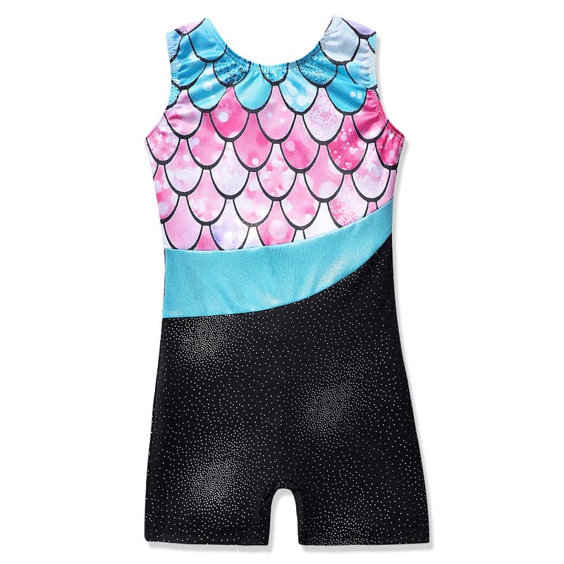 Belovance Girls Gymnastics Leotards Kids Biketards With Shorts 4t 5t Sparkle Mermaid Sleeveless Hotpink Dance Unitards (Mermaid Pink, 110(4-5 years old)) - Image 1