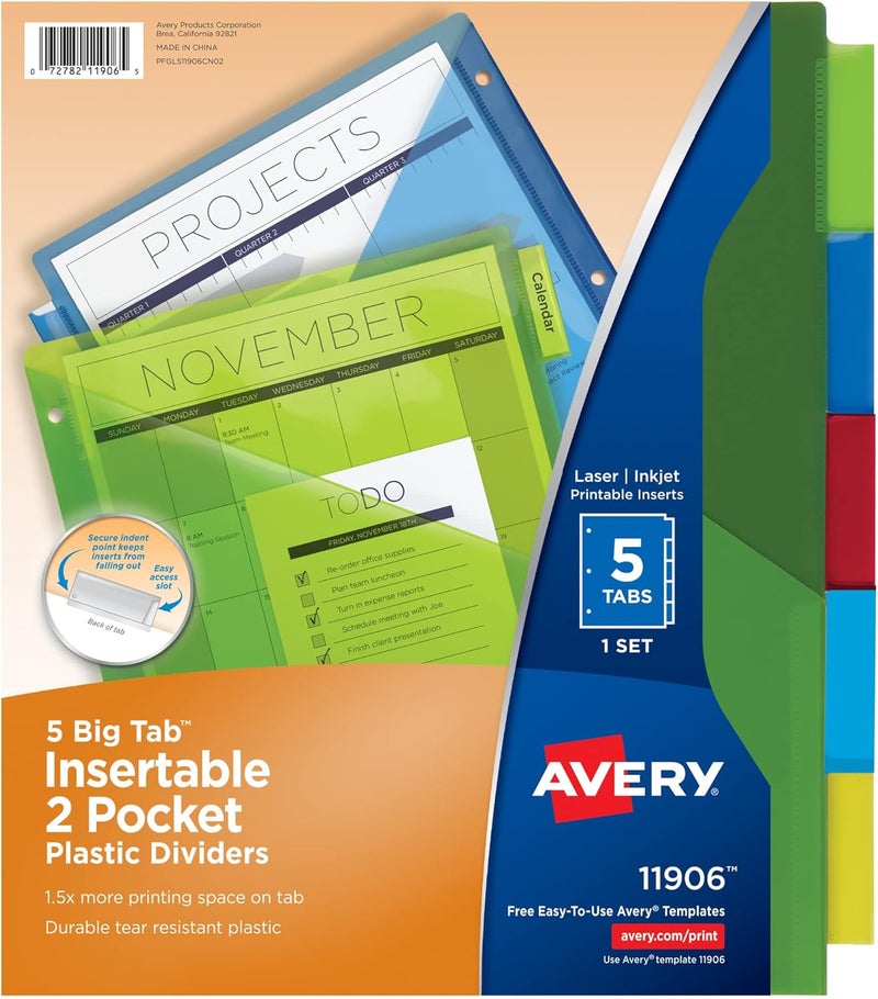 AVERY Dividers for 3 Ring Binders, 5-Tab Binder Dividers, Two-Pocket Plastic Binder Dividers, Insertable Big Tabs, Multicolor, Works with Sheet Protectors, 24 Sets (11906) - Image 1