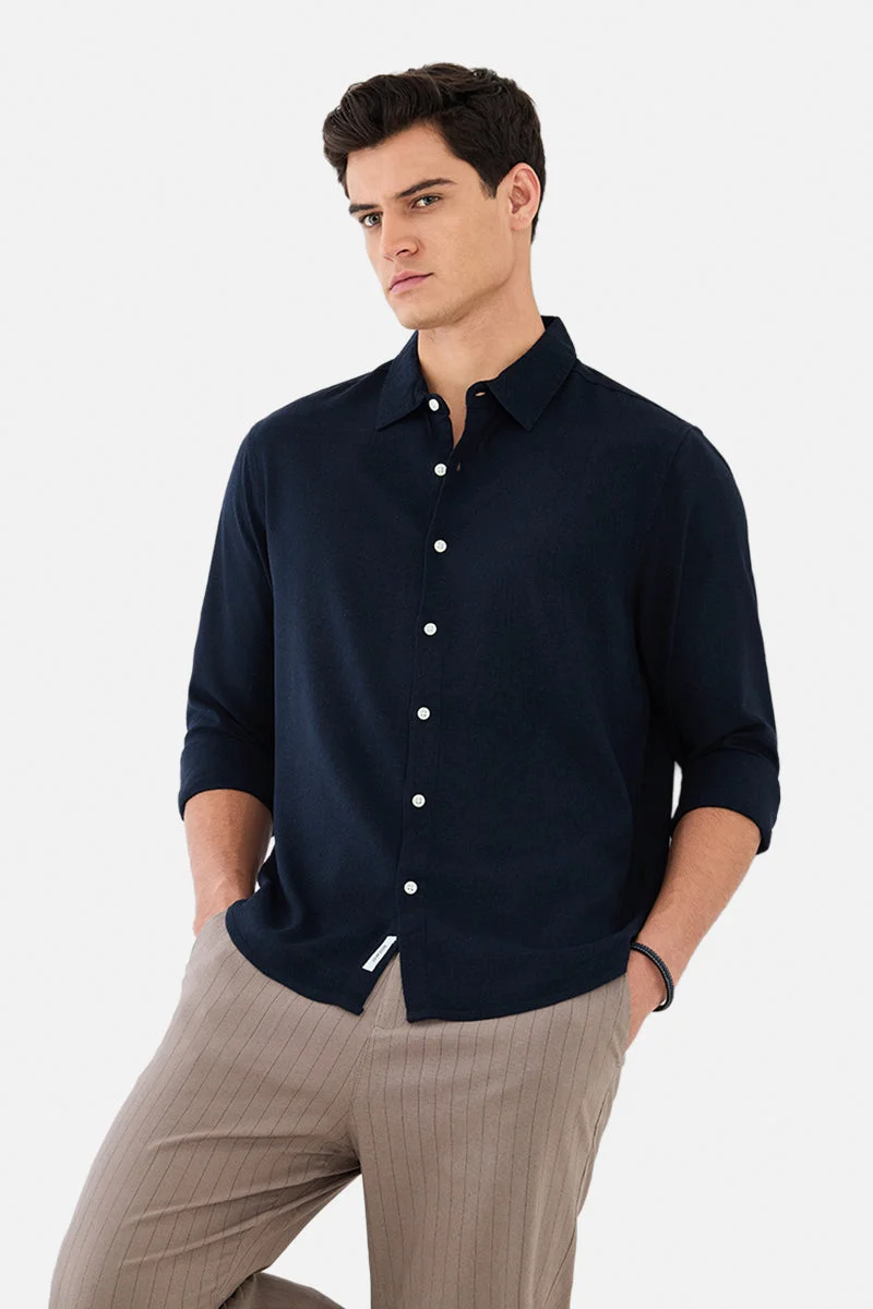 سنيتش Navy Textured Long Sleeve Regular Fit Shirt