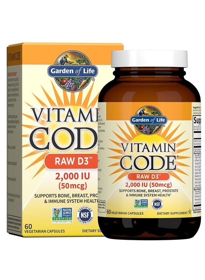 Garden of Life Vitamin D, Vitamin Code Raw D3, Vitamin D 2,000 IU, Raw Whole Food Vitamin D Supplements with Chlorella, Fruit, Veggies & Probiotics for Bone & Immune Health, 60 Vegetarian Capsules - Image 1