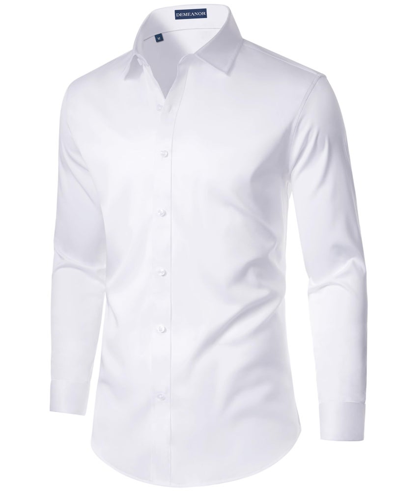 DEMEANOR Mens Dress Shirts Long Sleeve Stretch Wrinkle Free Wedding Formal Business Button Down Shirt White Large - Image 2