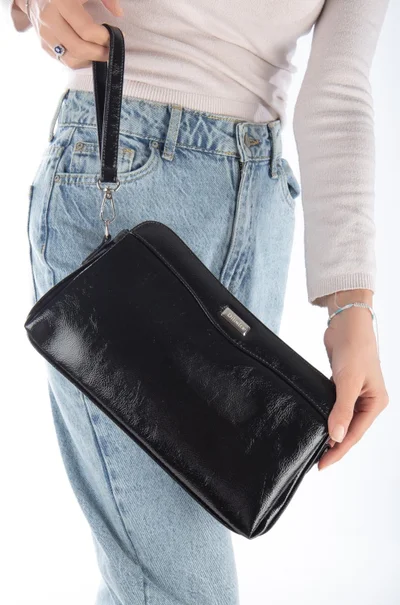 Dilimler Ayakkabı Women's Clutch Wallet Bag Black Patent Leather 3 Compartments Long Short Strap