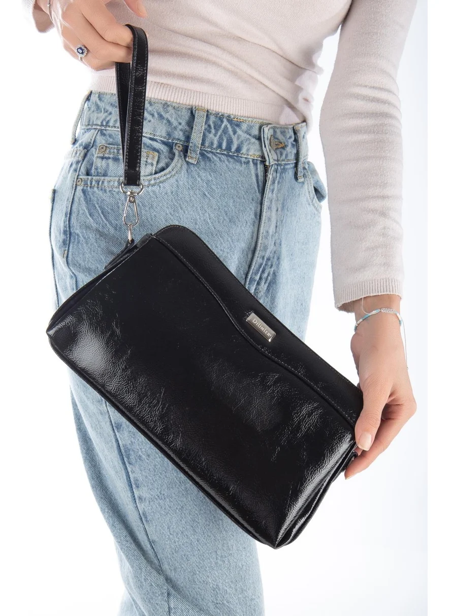 Dilimler Ayakkabı Women's Clutch Wallet Bag Black Patent Leather 3 Compartments Long Short Strap