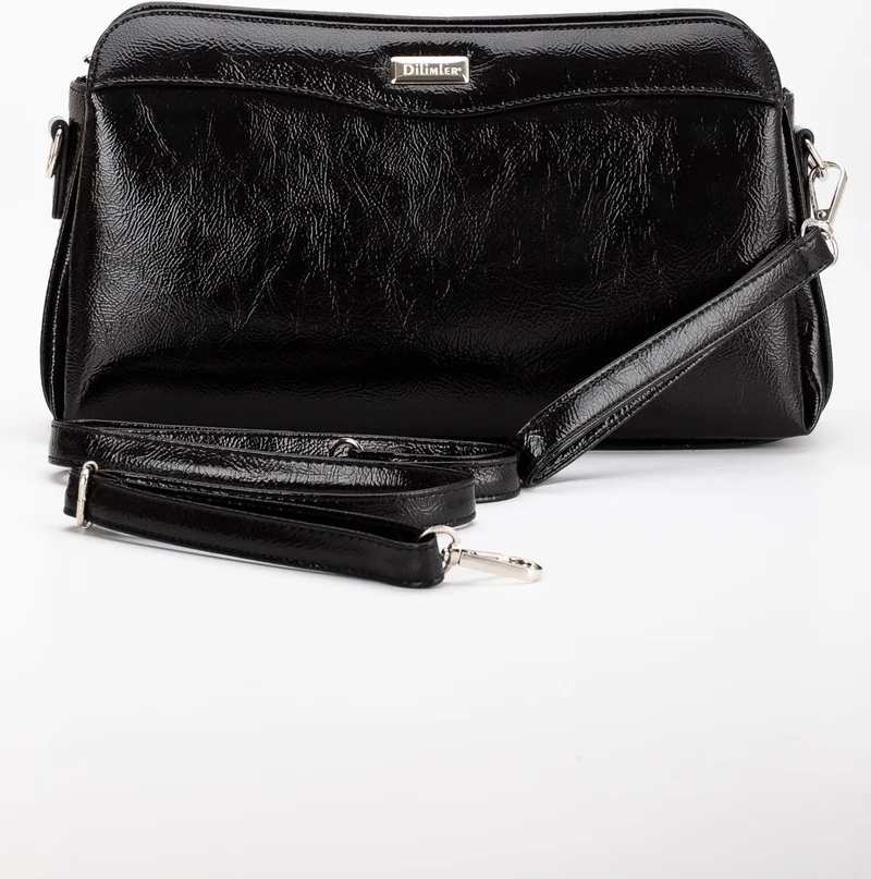 Dilimler Ayakkabı Women's Clutch Wallet Bag Black Patent Leather 3 Compartments Long Short Strap