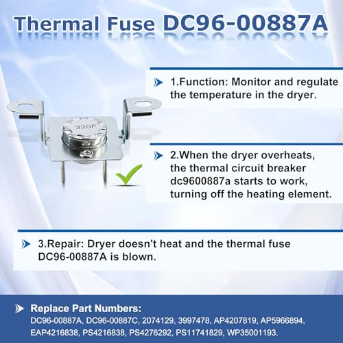 Azdele DC47-00016A Dryer Thermal Fuse Kit for Samsung DC47-00016A Thermal Fuse & DC96-00887A Thermostat & DC32-00007A Dryer Thermistor & DC47-00018A Thermostat Compatible with Samsung lg Kenmore Dryers - Image 3