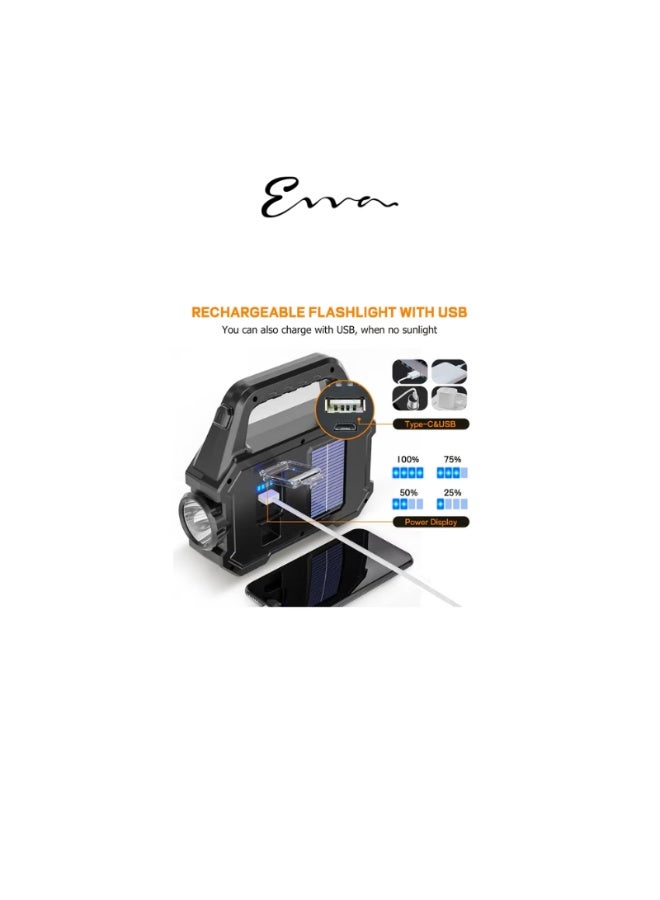Evva Multifunctional Searchlight,Rechargeable Flashlight Ip65 Waterproof Torch Searchlight Portable Lantern Solar Light Outdoor USB Charging Camping Hiking - Image 2