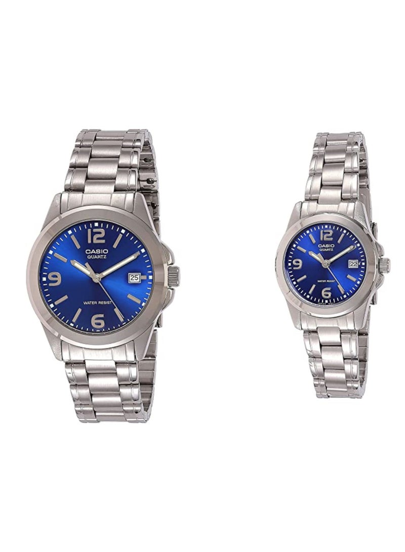 CASIO ساعة هيز اند هير للجنسين بمينا ازرق وبسوار ستانلس ستيل MTP/LTP-1215A-2A للجنسين - Image 1