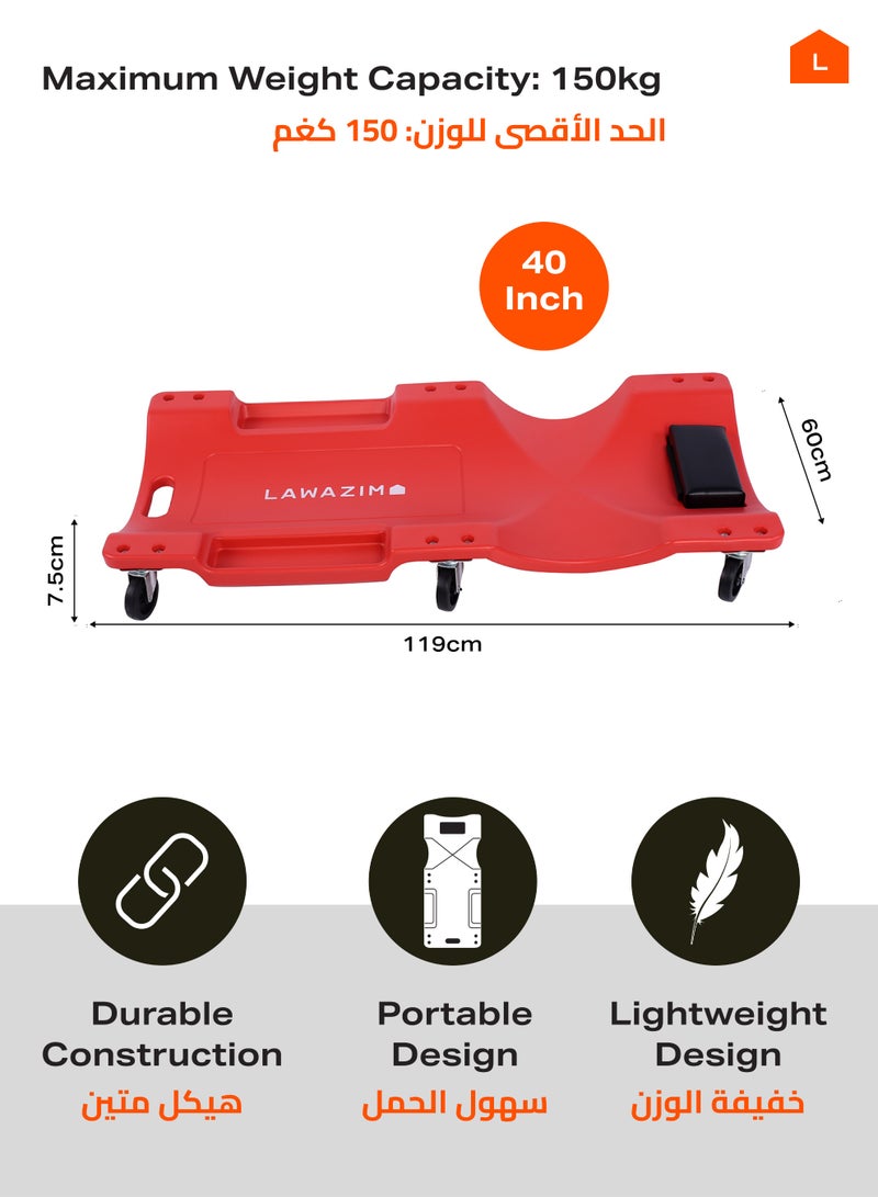 LAWAZIM Car Plastic Creeper -40inch- Mechanic Garage Creeper with Sponge-Cushioned Headrest, Smooth-Rolling Wheels, Dual Tool Trays, and Carrying Handle - Ideal for Automotive Maintenance and Repairs - Image 2