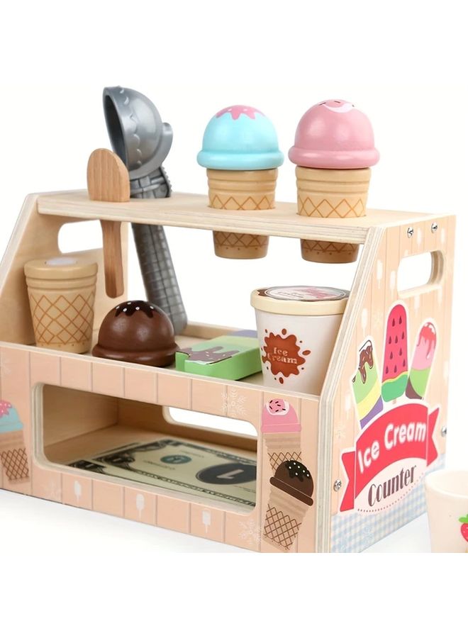 Wooden Ice Cream Toy Pretend Play Shop For Kids Birthday Gift Party Supplies - Image 5