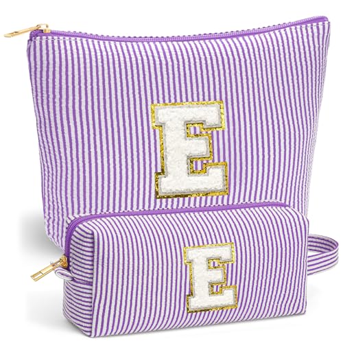 Fohufo Initial Makeup Bag Set Cute Purple Stuff for Women Makeup Pouch Cosmetic Bag Small Makeup Bag for Purse Travel Essentials Toiletry Bag for Women Birthday Gifts Purple Letter E - Image 1