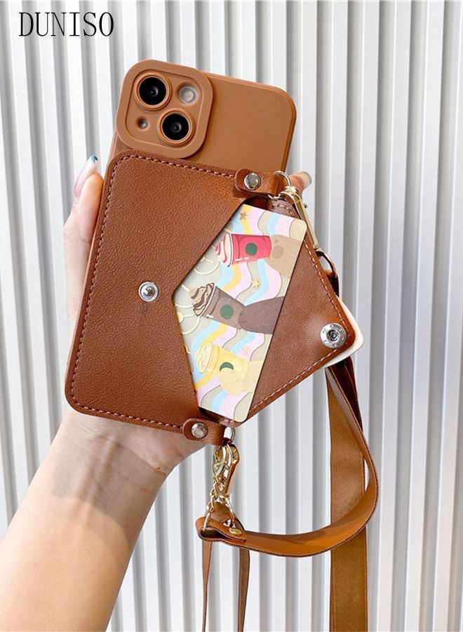 DUNISO iPhone 14 Leather Wallet Case Card Holder Protective Cover with Hand and Crossbody Strap Anti-fall Anti-fingerprint Phone Cover for Apple 14 5G Phone case Brown - Image 3