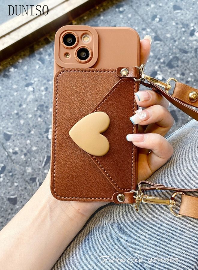 DUNISO iPhone 14 Leather Wallet Case Card Holder Protective Cover with Hand and Crossbody Strap Anti-fall Anti-fingerprint Phone Cover for Apple 14 5G Phone case Brown - Image 2