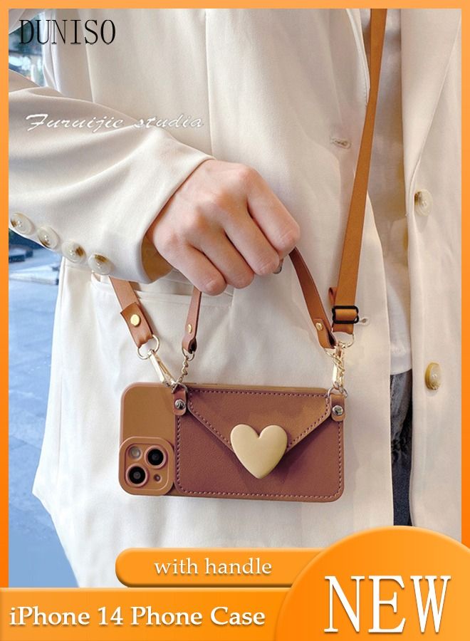 DUNISO iPhone 14 Leather Wallet Case Card Holder Protective Cover with Hand and Crossbody Strap Anti-fall Anti-fingerprint Phone Cover for Apple 14 5G Phone case Brown - Image 1