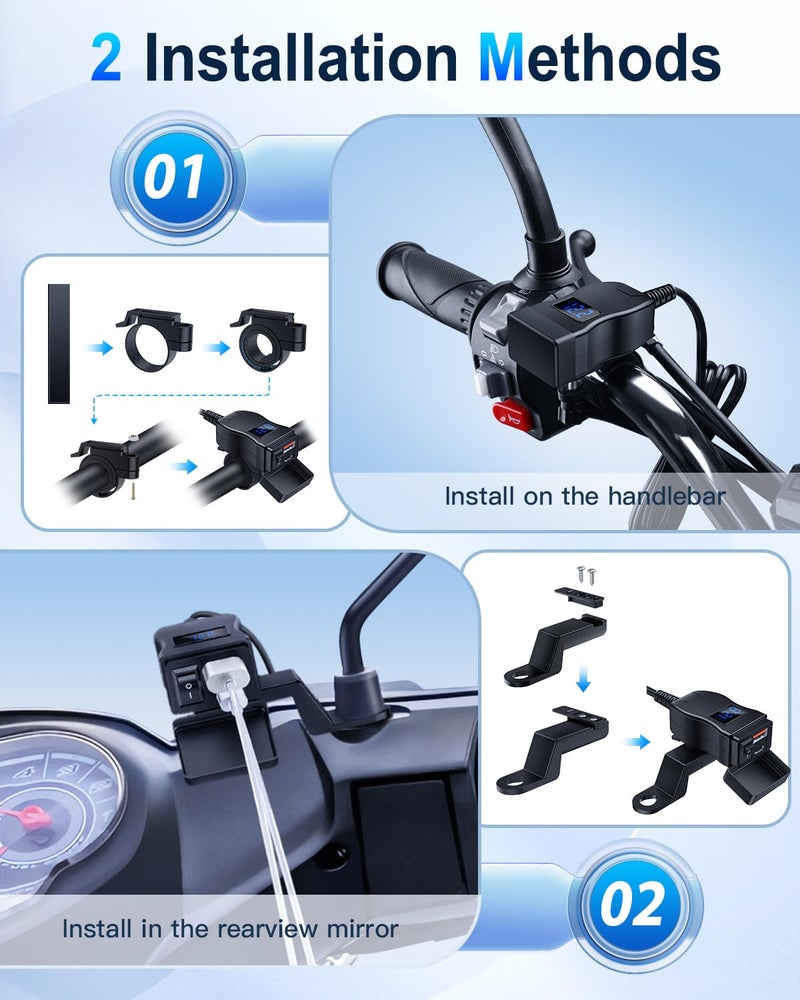 EXTRACTME Motorcycle USB Charger, Dual USB Type C PD & Quick Charge 3.0 Motorcycle Phone Charger with Voltmeter & ON/Off Switch, Waterproof Motorcycle Accessories for All Phone, Tablet, GPS - Image 3