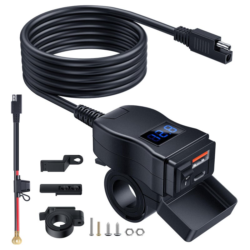 EXTRACTME Motorcycle USB Charger, Dual USB Type C PD & Quick Charge 3.0 Motorcycle Phone Charger with Voltmeter & ON/Off Switch, Waterproof Motorcycle Accessories for All Phone, Tablet, GPS - Image 1