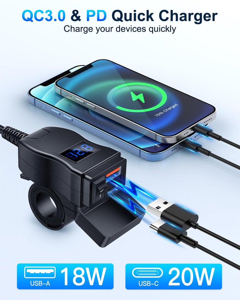 EXTRACTME Motorcycle USB Charger, Dual USB Type C PD & Quick Charge 3.0 Motorcycle Phone Charger with Voltmeter & ON/Off Switch, Waterproof Motorcycle Accessories for All Phone, Tablet, GPS - Image 2