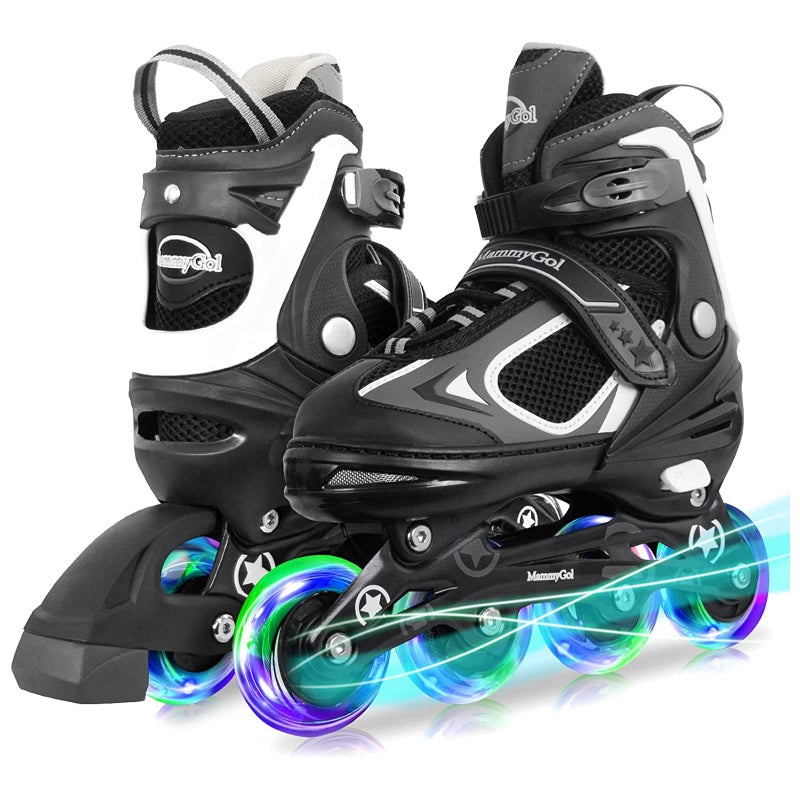 MammyGol Adjustable Inline Skates for Kids Youth with Light up Wheels,Illuminating Beginner Black Roller Skates for Boys Size 5-8 - Image 1